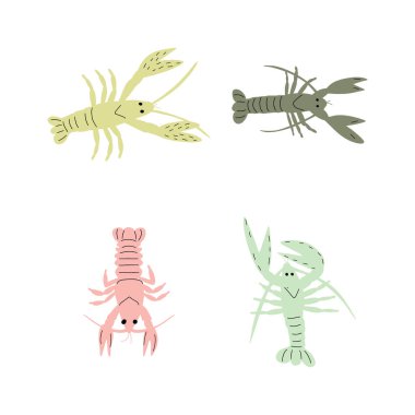 Derin arka planda kerevit karakteri deniz hayvanı. Vahşi yaşam çizimi. İç çamaşırı dünyası. Vektör illüstrasyonu.