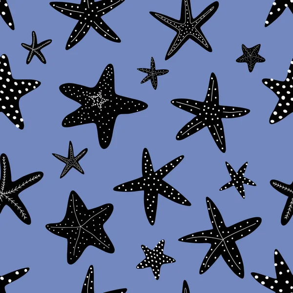 Starfish Seamless Pattern Black Silhouette Atlantic Star Marine Animal Vector — Stock Vector