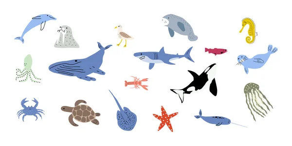 stock vector Sea animals. Cute aquatic fish, turtle, whale, narwhal, dolphin, octopus, starfish, crab, jellyfish, seal and other. Kids vector illustration.