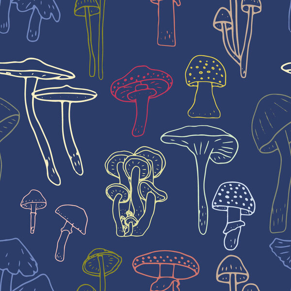 Mushrooms seamless pattern. Edible mushrooms and toadstools. Healthy food background. Autumn forest plants sketches for textiles, wallpaper, coloring, packaging
