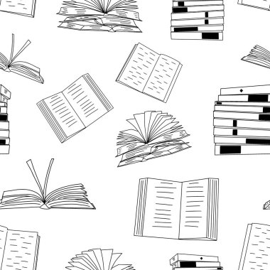Kitaplar kusursuz desen. Doodle vektör arkaplanı. Kütüphane, eğitim ve kitapçılık için mükemmel..