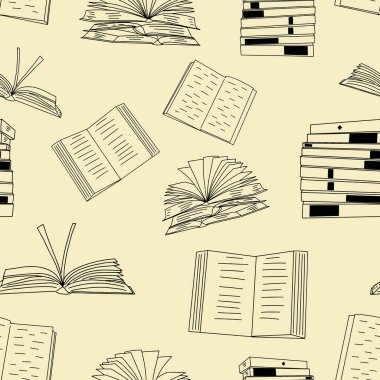 Kitaplar kusursuz desen. Doodle vektör arkaplanı. Kütüphane, eğitim ve kitapçılık için mükemmel..