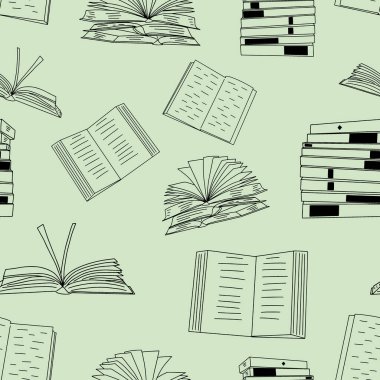 Kitaplar kusursuz desen. Doodle vektör arkaplanı. Kütüphane, eğitim ve kitapçılık için mükemmel..