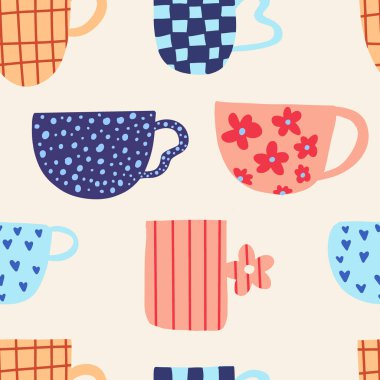 Çay, kahve, klasik bardaklar. Tasarım elementleriyle süslenmiş modern kupa. Paketleme ve duvar kağıdı tasarımı.