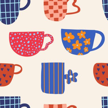 Çay, kahve, klasik bardaklar. Tasarım elementleriyle süslenmiş modern kupa. Paketleme ve duvar kağıdı tasarımı.