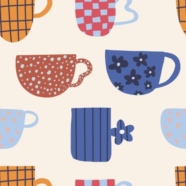 Çay, kahve, klasik bardaklar. Tasarım elementleriyle süslenmiş modern kupa. Paketleme ve duvar kağıdı tasarımı.