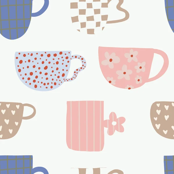 ティーコーヒーのヴィンテージカップパターン デザイン要素で装飾されたモダンマグ ラッピングと壁紙のデザイン — ストックベクタ
