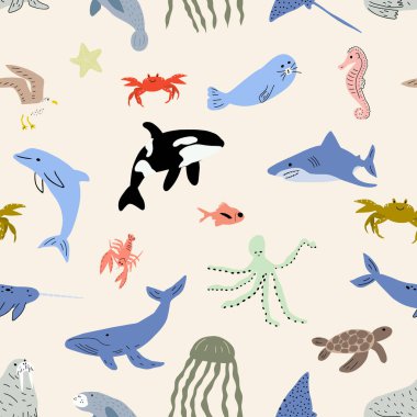Deniz hayvanları kusursuz desen. Şirin su balığı, kaplumbağa, balina, deniz gergedanı, yunus, ahtapot, denizyıldızı, yengeç, denizanası, fok balığı ve diğerleri. Çocuk vektör arkaplanı.