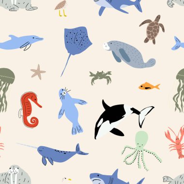 Deniz hayvanları kusursuz desen. Şirin su balığı, kaplumbağa, balina, deniz gergedanı, yunus, ahtapot, denizyıldızı, yengeç, denizanası, fok balığı ve diğerleri. Çocuk vektör arkaplanı.