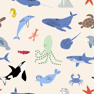 Deniz hayvanları kusursuz desen. Şirin su balığı, kaplumbağa, balina, deniz gergedanı, yunus, ahtapot, denizyıldızı, yengeç, denizanası, fok balığı ve diğerleri. Çocuk vektör arkaplanı.