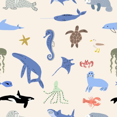 Deniz hayvanları kusursuz desen. Şirin su balığı, kaplumbağa, balina, deniz gergedanı, yunus, ahtapot, denizyıldızı, yengeç, denizanası, fok balığı ve diğerleri. Çocuk vektör arkaplanı.