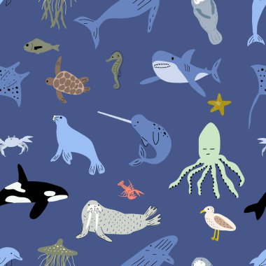 Deniz hayvanları kusursuz desen. Şirin su balığı, kaplumbağa, balina, deniz gergedanı, yunus, ahtapot, denizyıldızı, yengeç, denizanası, fok balığı ve diğerleri. Çocuk vektör arkaplanı.