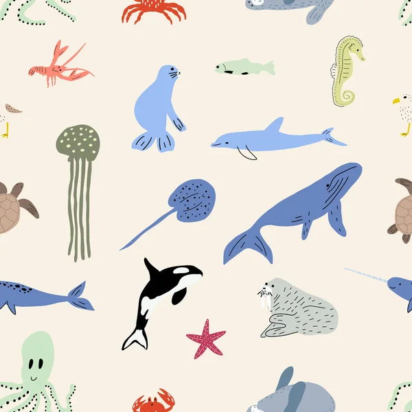 Sea Animals Seamless Pattern Cute Aquatic Fish Turtle Whale Narwhal — Stock Vector