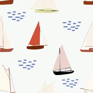 Tekneler pürüzsüz. Yelkenli gemilerle yazlık deniz baskısı. Denizsel vektör arkaplanı