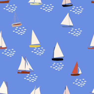 Tekneler pürüzsüz. Yelkenli gemilerle yazlık deniz baskısı. Denizsel vektör arkaplanı