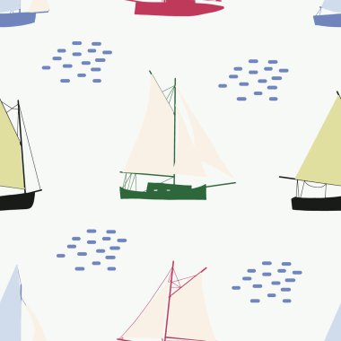 Tekneler pürüzsüz. Yelkenli gemilerle yazlık deniz baskısı. Denizsel vektör arkaplanı