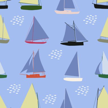 Tekneler pürüzsüz. Yelkenli gemilerle yazlık deniz baskısı. Denizsel vektör arkaplanı