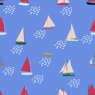 Tekneler pürüzsüz. Yelkenli gemilerle yazlık deniz baskısı. Denizsel vektör arkaplanı