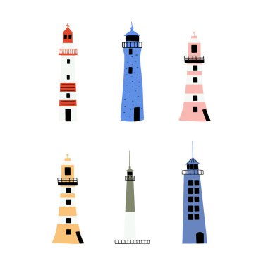 Lighthouse. Coastline architecture building. Beacon with windows. Vector illustration