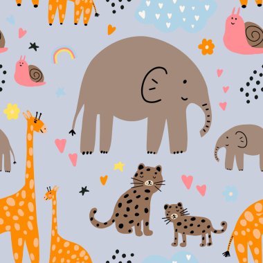 Bebekli Hayvanların Ebeveynleri. Parlak renkli çocuksu bir iz. Anneler Günü için sevimli hayvanlar. Renkli çocuklar kusursuz desenli