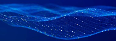 Mavi arka planda fütüristik dalga. Bağlantı noktaları ve çizgilerinin renkli deseni. Büyük veri dijital kodu. Teknoloji mi yoksa Bilim Sancağı mı? Geniş Ekran 3B görüntüleme