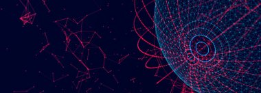 Dijital teknoloji geçmişi. Noktaları ve çizgileri birleştiren elementlerle soyut küre. Ağ bağlantısı. Sunum tasarımı için fütüristik arka plan. 3D görüntüleme. Geniş Ekran