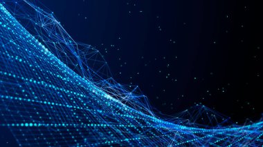 Karanlık arkaplanda parlak parçacıkların soyut akışı. Renkli noktaların hareketi. Büyük veri. 3B görüntüleme.