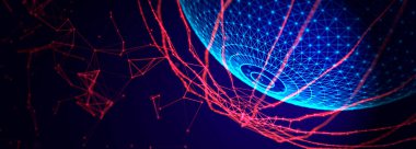 Dijital teknoloji geçmişi. Noktaları ve çizgileri birleştiren elementlerle soyut küre. Ağ bağlantısı. Sunum tasarımı için fütüristik arka plan. 3D görüntüleme. Geniş Ekran