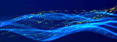 Karanlık arka planda gelecekteki noktalar. Renkli müzik dalgası. Büyük veri dijital kodu. Teknoloji mi yoksa Bilim Sancağı mı? 3B görüntüleme