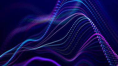 Karanlık arka planda gelecekteki noktalar. Renkli müzik dalgası. Büyük veri dijital kodu. Teknoloji mi yoksa Bilim Sancağı mı? 3B görüntüleme
