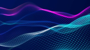 Arka planda ışıklar. Renkli müzik dalgası. Büyük veri dijital kodu. Fütürist Noktalar Çizimi. 3B görüntüleme