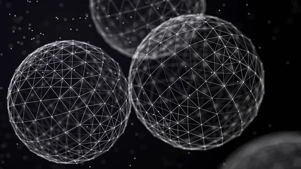 Abstract spheres with connected dots and lines. Illustration with elements of viruses, bacteria on a dark background. 3d rendering.