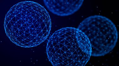 Noktalar ve çizgiler birleştirilmiş soyut küreler. Virüs elementlerinin çizimi, karanlık bir arka planda bakteri. 3d oluşturma.