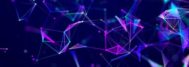 Noktaları ve çizgileri birleştiren soyut çokgen boşluk. Karanlık arka plan. Bağlantı yapısı. 3d oluşturma