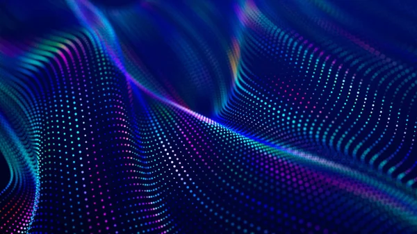 暗い背景に未来的なドットパターン 色の音楽波 ビッグデータデジタルコード テクノロジーまたはサイエンスバナー 3Dレンダリング — ストック写真