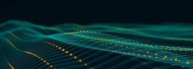 Karanlık arkaplanda parlak parçacıkların soyut akışı. Renkli noktaların hareketi. Büyük veri. 3B görüntüleme.