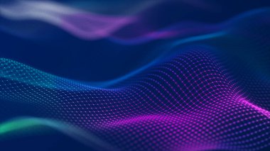 Soyut fütüristik dalga arka planı. Ağ bağlantısı noktaları ve çizgileri. Dijital arka plan. 3d oluşturma.