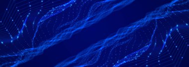 Karanlık arkaplanda parlak parçacıkların soyut akışı. Renkli noktaların hareketi. Büyük veri. 3B görüntüleme.