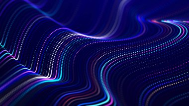 Arka planda ışıklar. Renkli müzik dalgası. Büyük veri dijital kodu. Fütürist Noktalar Çizimi. 3B görüntüleme