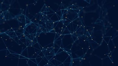 Noktaları ve çizgileri hareket ettiren soyut dijital bağlantı. Teknoloji geçmişi. Ağ bağlantısı yapısı. Pleksus etkisi. Üç boyutlu kusursuz döngü. 4K