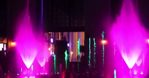 夜のサイレントーンで多色の音楽噴水のショーショップ 水平方向に対するシリック — ストック動画