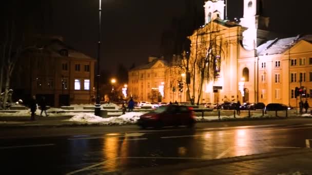 Katedra Warszawie Oświetlona Nocy Przed Bożym Narodzeniem Zima — Wideo stockowe