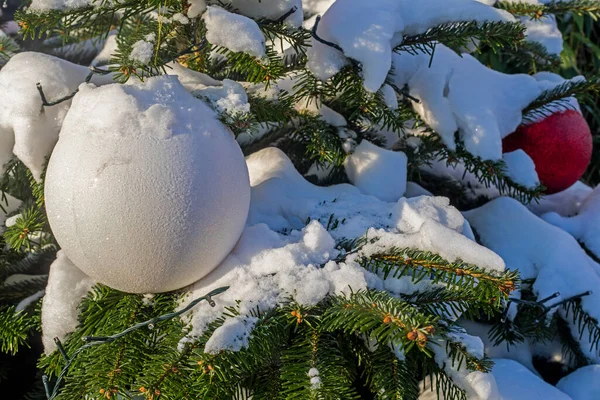 Rode Witte Kerstballen Kerstboom Sneeuw Holida — Stockfoto