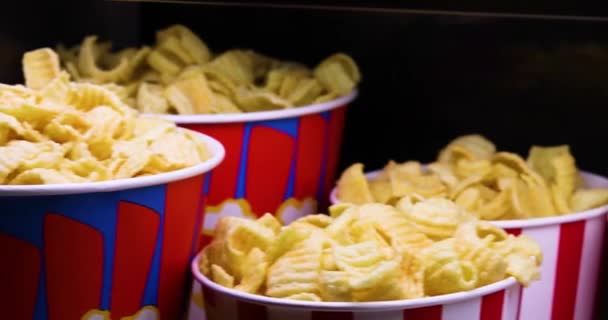 Packaging Chips Different Flavors Popcorn Watching Movie Close Family Holiday — Vídeos de Stock
