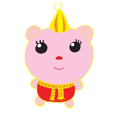 Beyaz arka planda şapkalı sevimli pembe domuz, çocuk çizimi, illüstrasyon, vektör