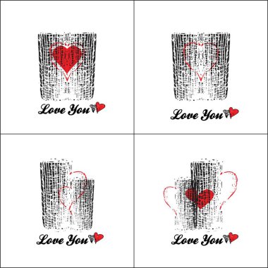 Kırmızı bir kalbe aşık iki fincan. Yemek servisi için stilize tabela, kafe, sevgililer için partiler, psikolojik eğitim, vektör, illüstrasyon. Tebrik kartı olarak kullan, davet et.