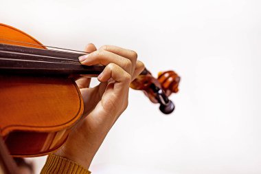 left hand of a young violinist on the strings on a student's violin on a light background. Musical education