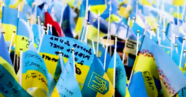Bendera Biru Kuning Ukrain Dengan Trisula Berkembang Dalam Angin Untuk — Stok Video