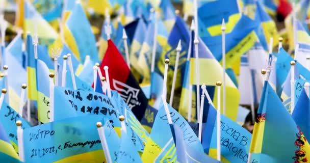 Γαλάζιες Κίτρινες Σημαίες Της Ουκρανίας Τρίαινα Στη Μνήμη Εκείνων Που — Αρχείο Βίντεο