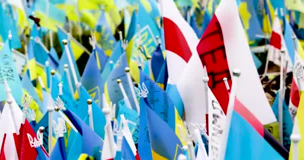 Γαλάζιες Κίτρινες Σημαίες Της Ουκρανίας Τρίαινα Αναπτύσσονται Στον Άνεμο Στη — Αρχείο Βίντεο